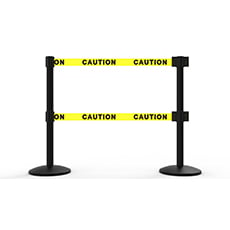 QLine Retractable Dual Belt Barrier X2, Black Post, Yellow "Caution" BST-AL6201B-D