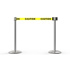 QLine Retractable Belt Barrier X2, Polished Chrome Post, Yellow "Caution" BST-AL6201C