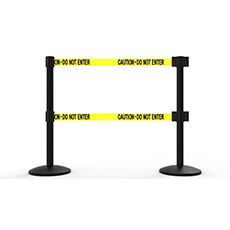 QLine Retractable Dual Belt Barrier X2, Black Post, Yellow "Caution - Do Not Enter" BST-AL6202B-D